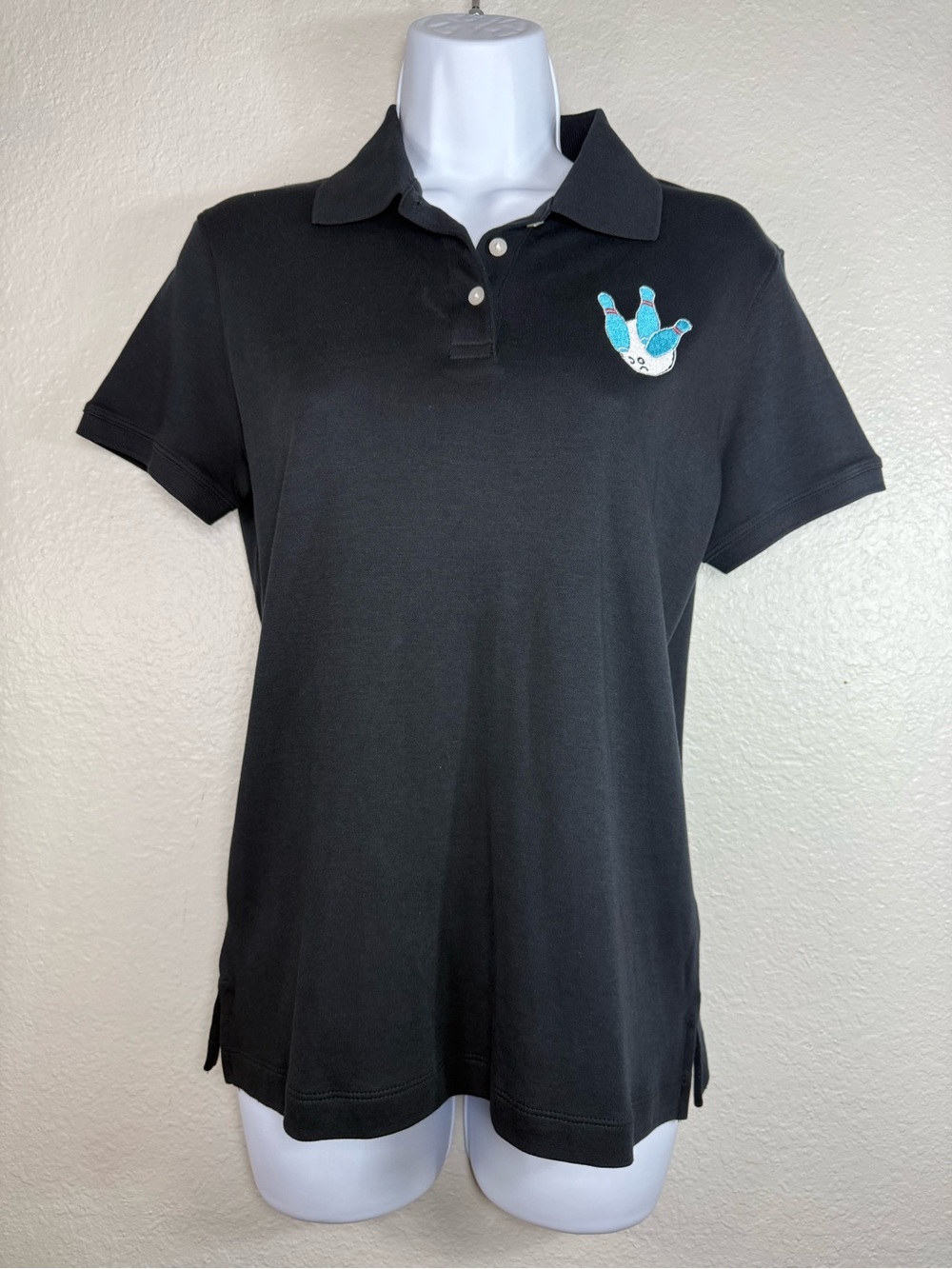 Women’s black polo‎ shirt Size S bowling pins & ball Logo by Devon & Jones